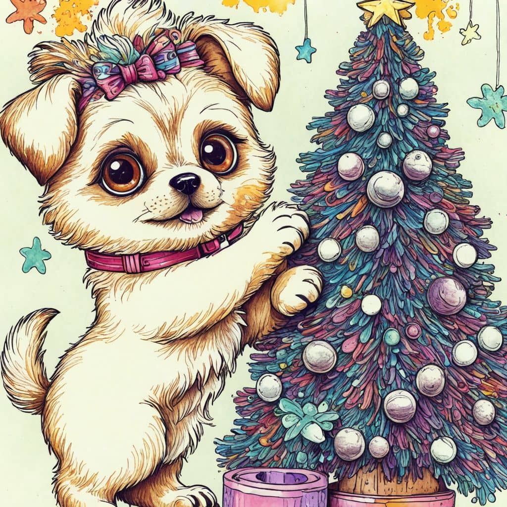 Colored Puppy decorating Christmas tree
