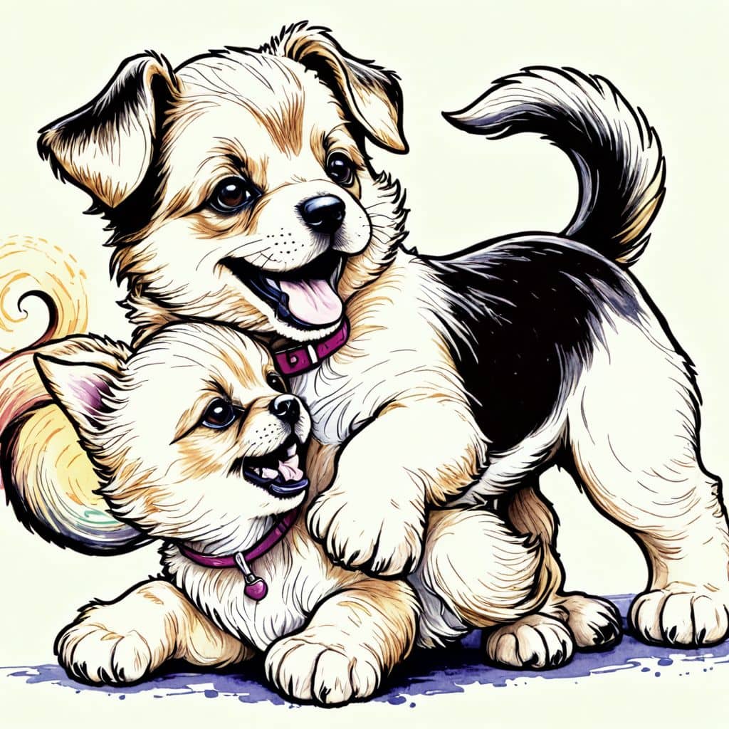 Colored Puppy playing with kitten