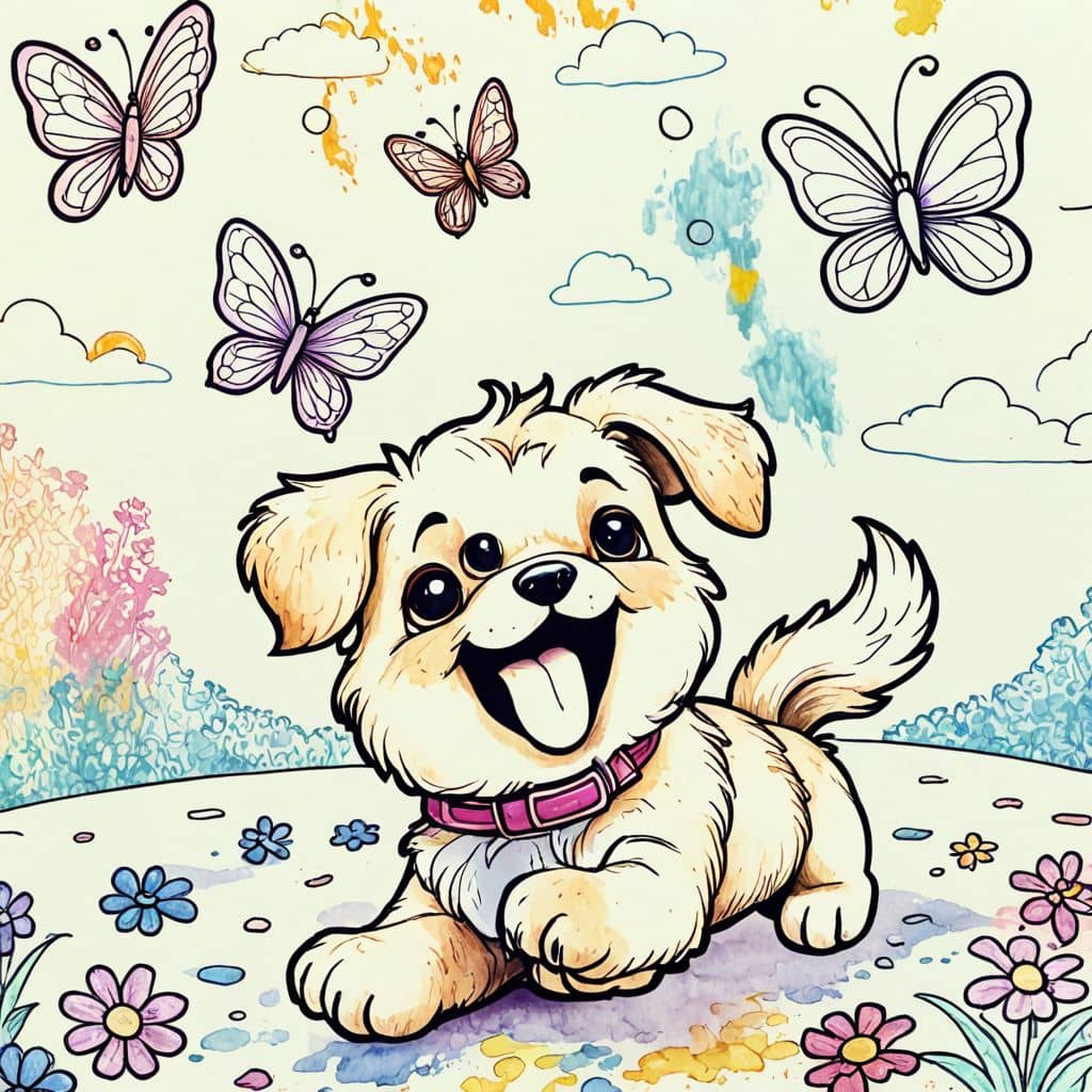 Colored Puppy chasing butterflies