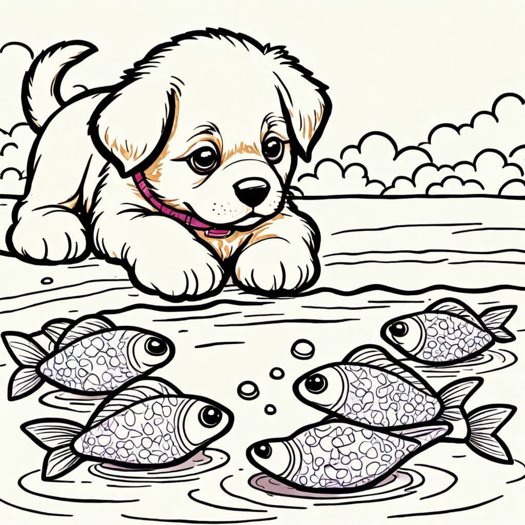 Colored Puppy watching fish in pond