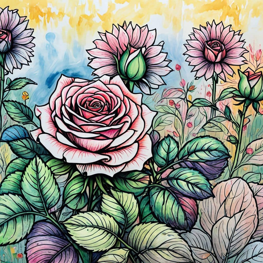 Colored Summer Rose Amid Sunflowers