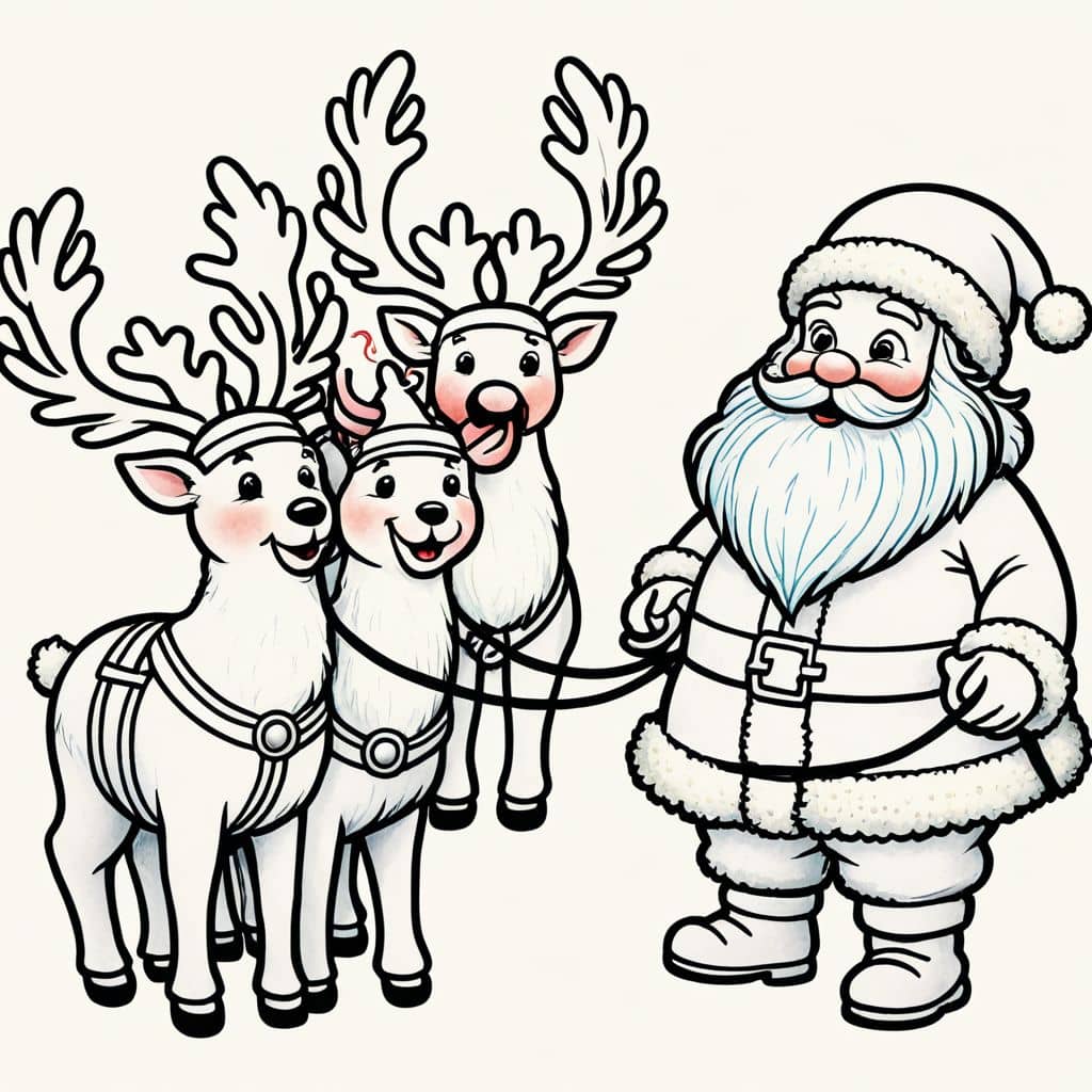 Colored Santa training reindeer to fly.
