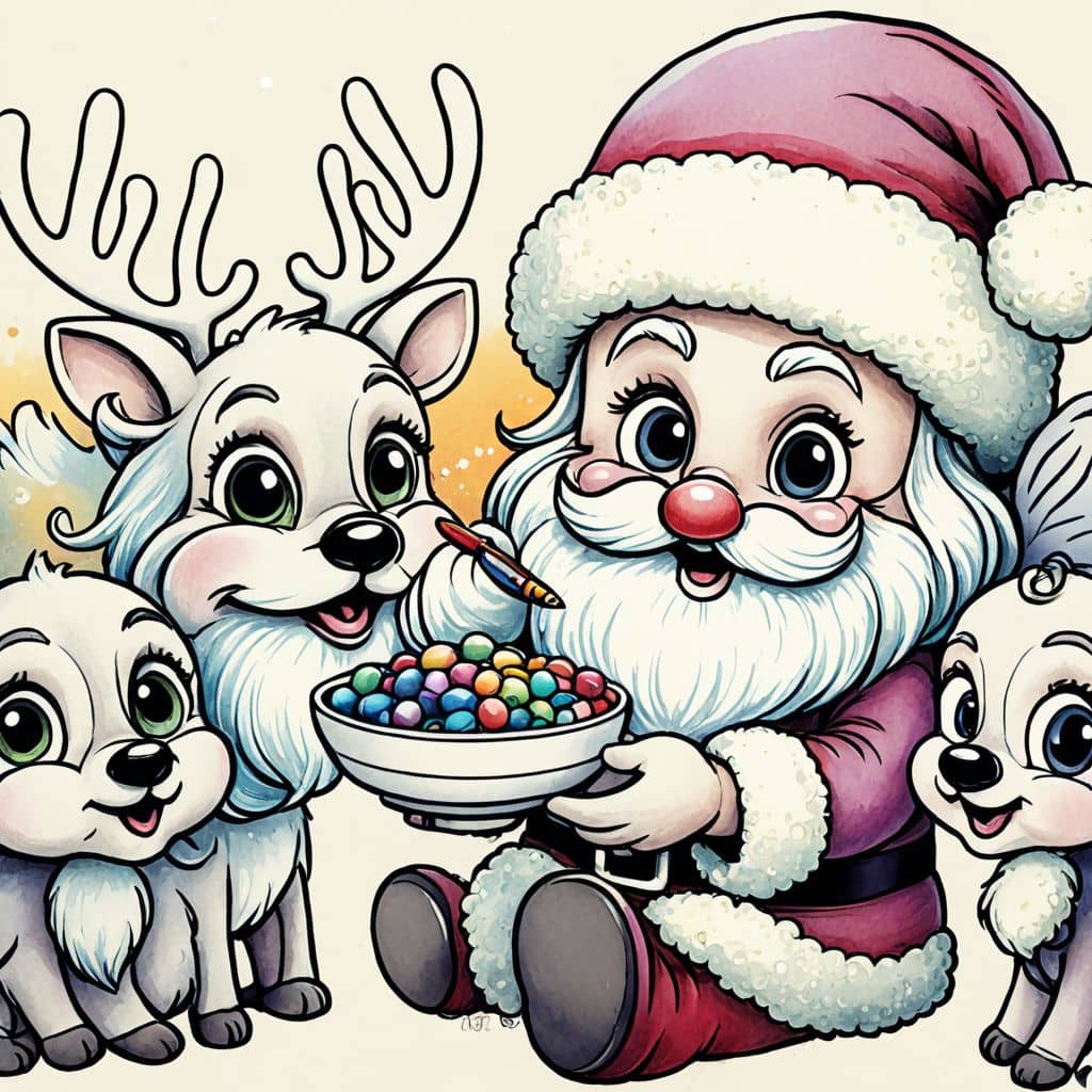 Colored Santa Feeding Reindeers