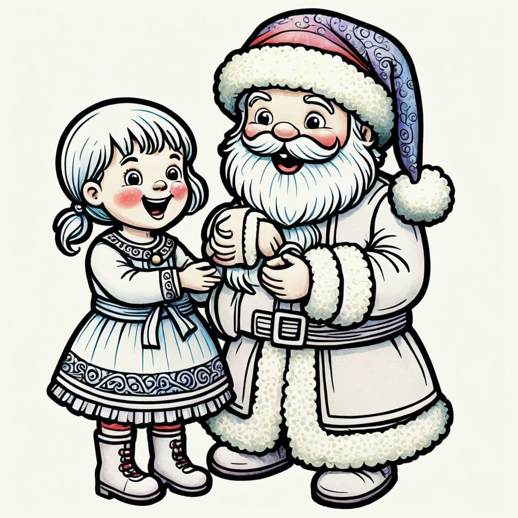 Colored Santa gifting child a puppy