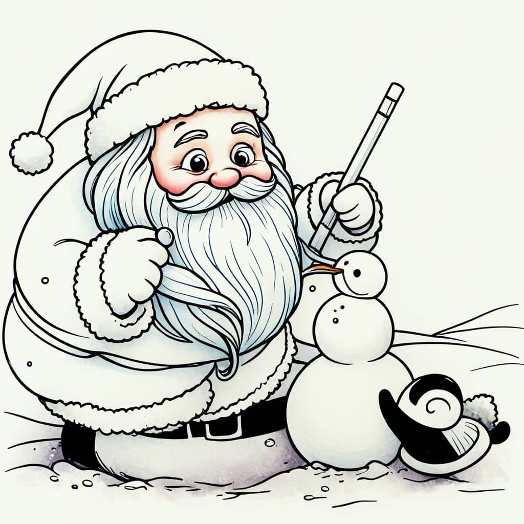 Colored Santa building snowman with penguin