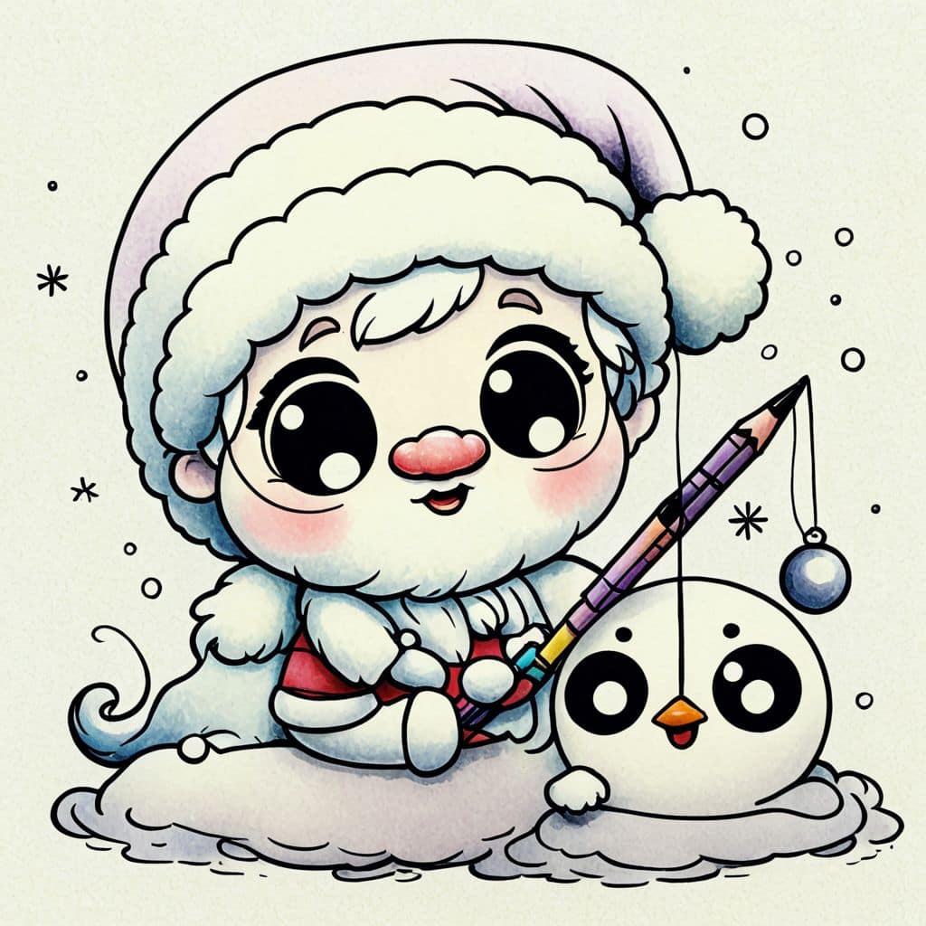 Colored Santa ice-fishing with seal