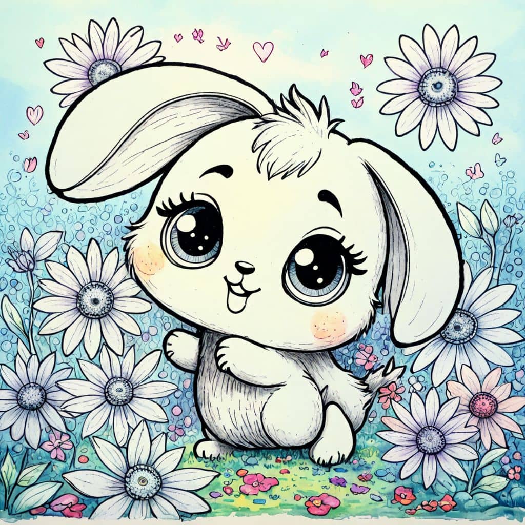 Colored Bunny hopping through daisies