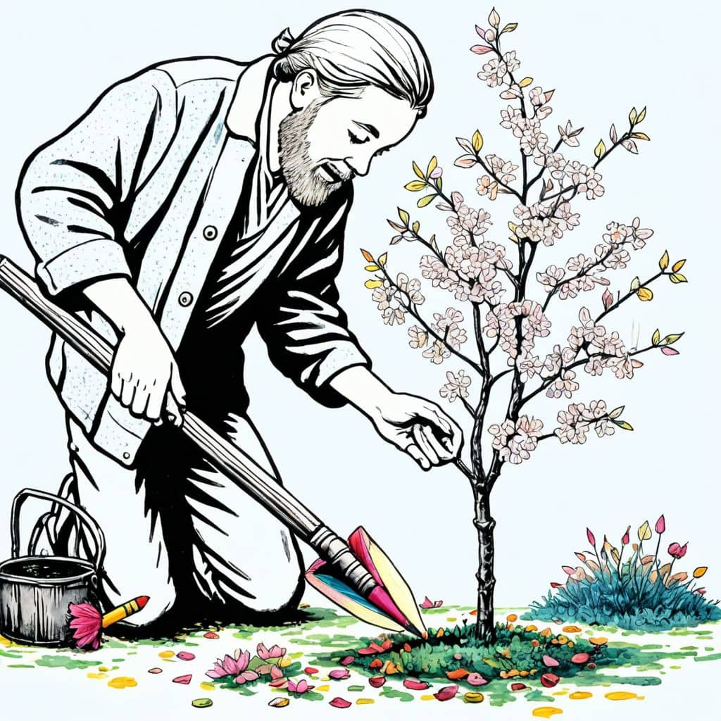 Colored Grandfather planting cherry blossom