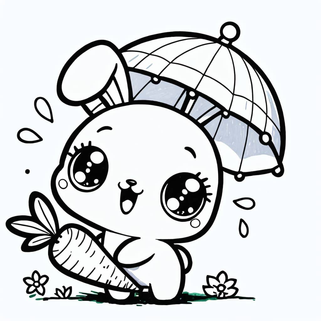 Colored Bunny carrying carrot-themed umbrella