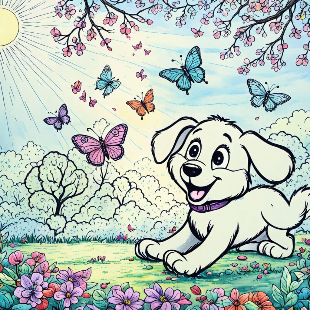 Colored Dog delightfully chasing spring butterflies.