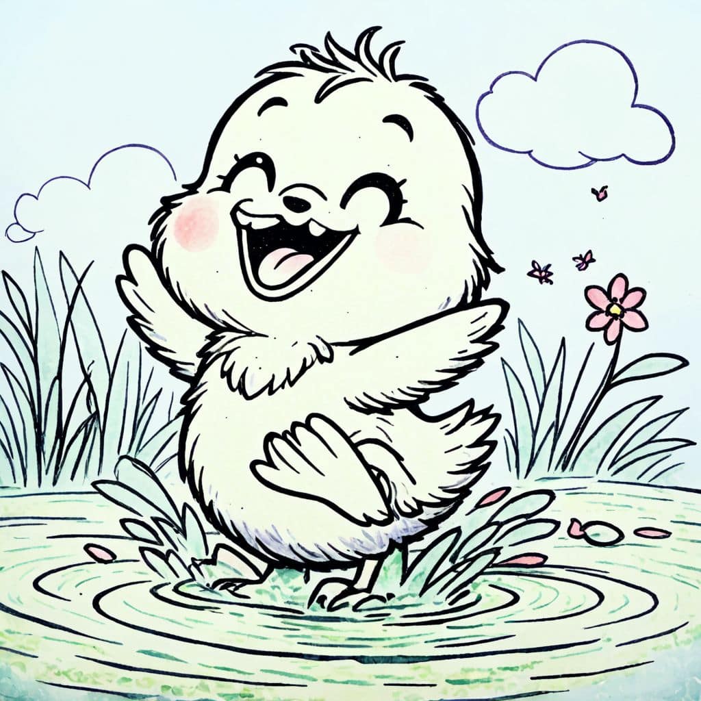 Colored Duckling splashing in pond