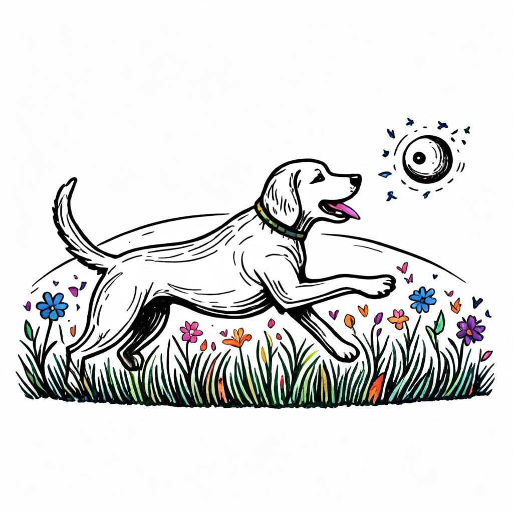 Colored Dog fetching ball in meadow.