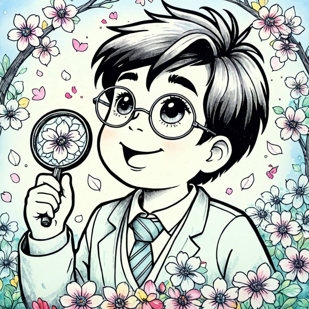 Colored Scientist observing cherry blossoms