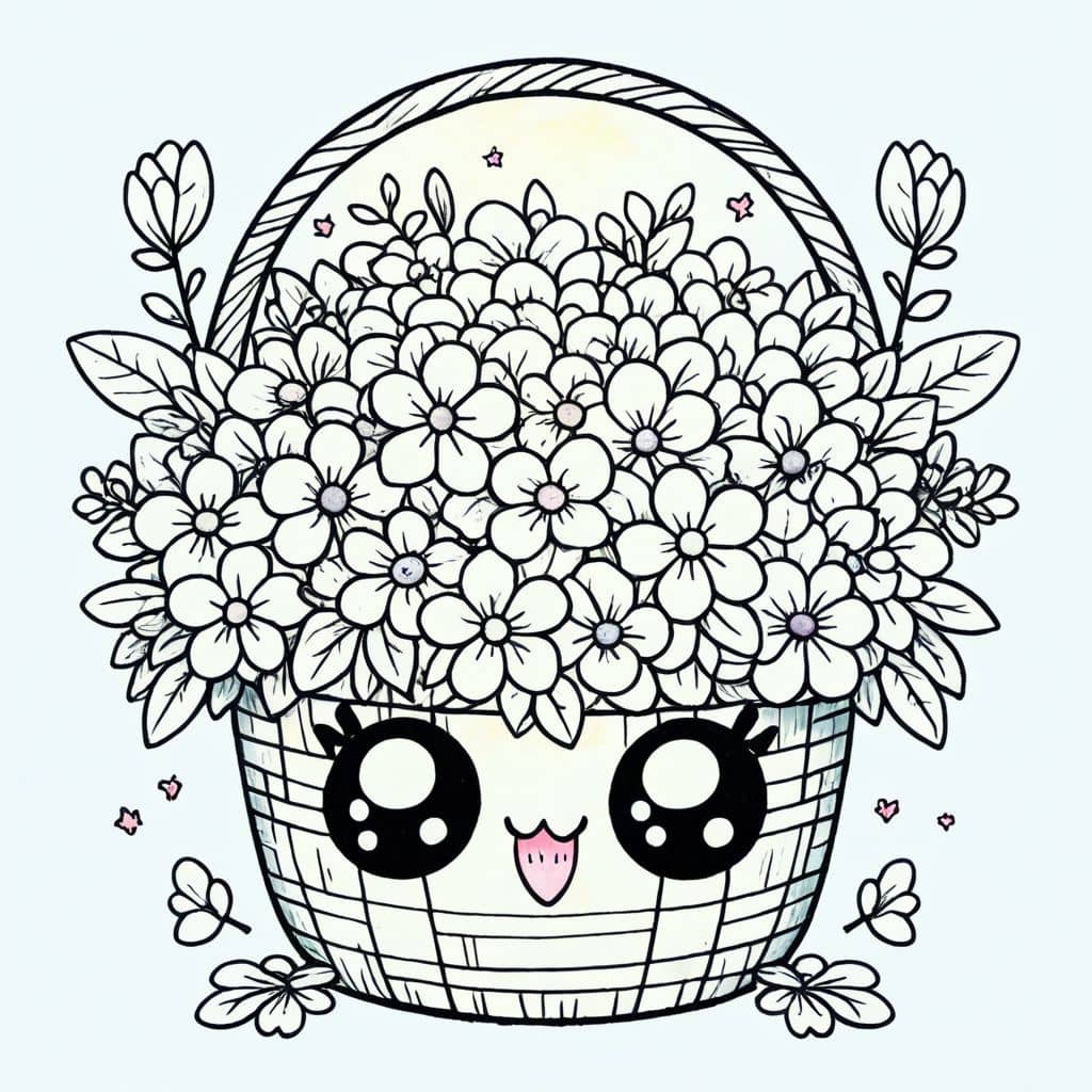 Colored Easter basket with spring flowers.