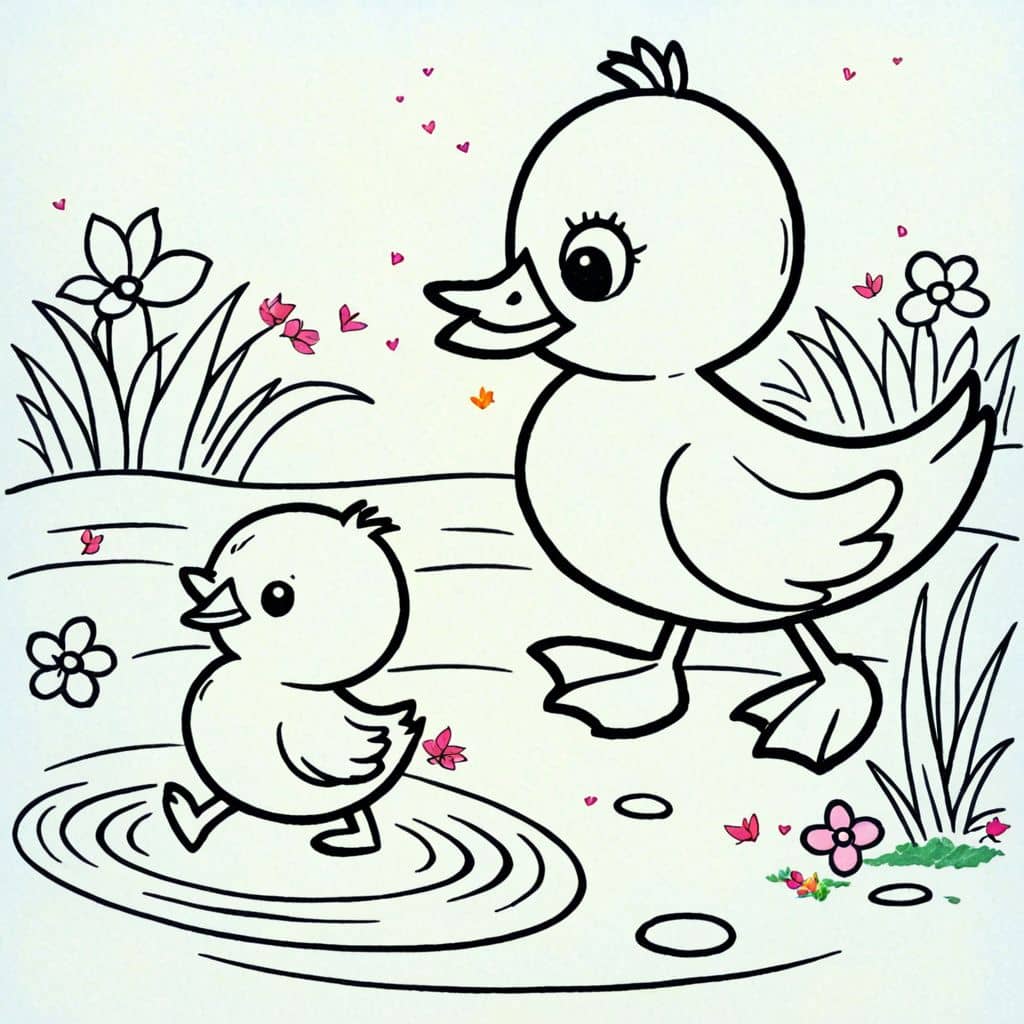 Colored Duckling following mother duck