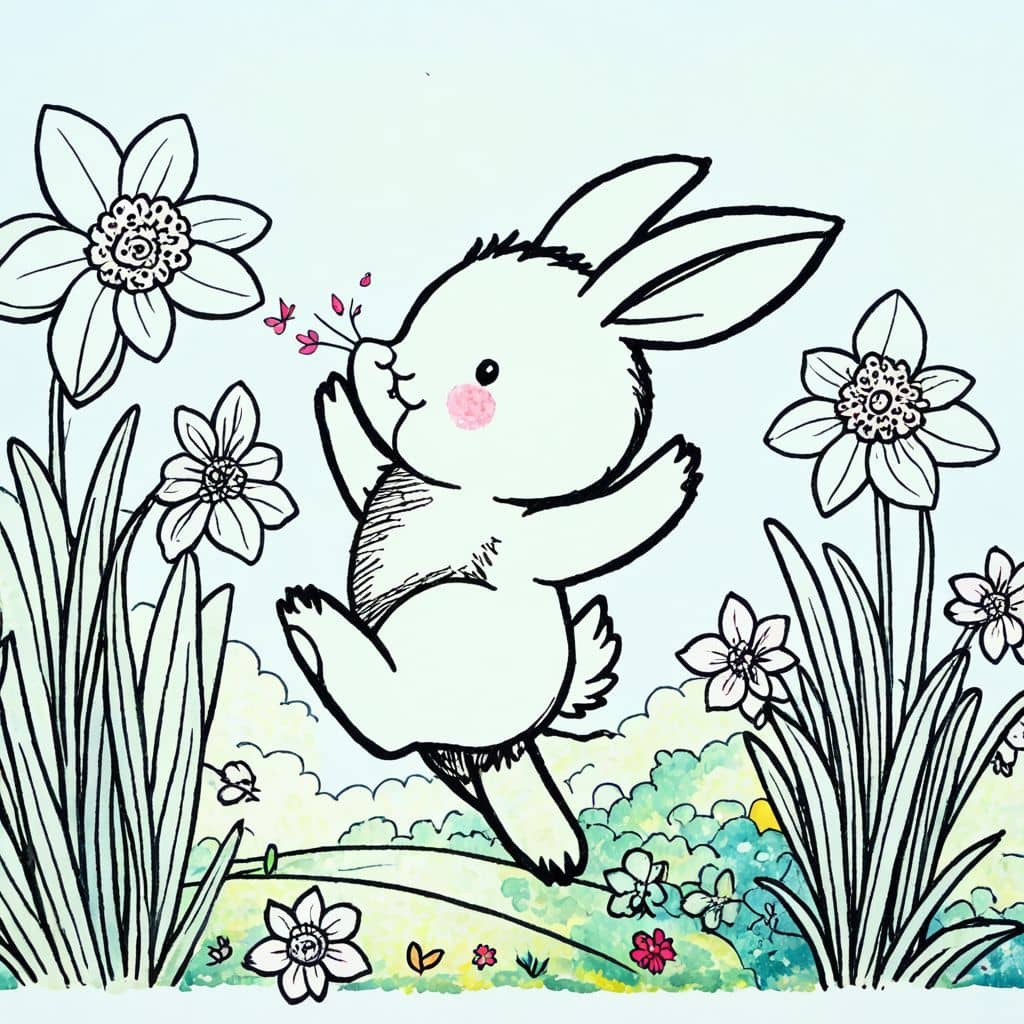 Colored Rabbit hopping near daffodils