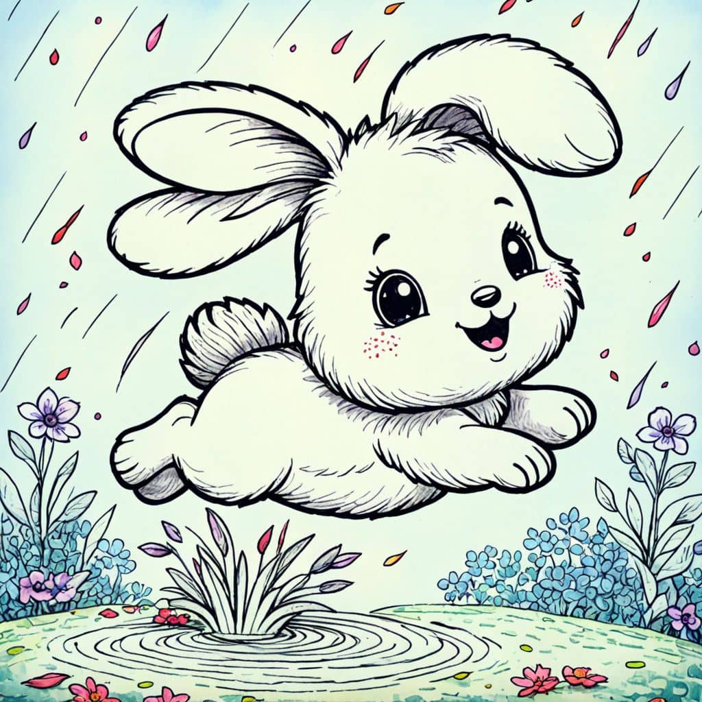 Colored Bunny leaping over rain puddles