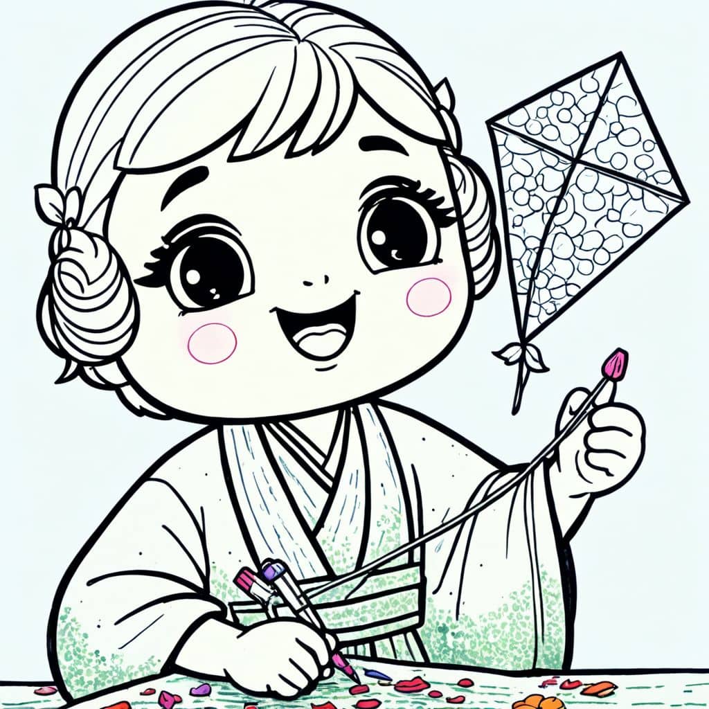 Colored Grandma sewing a spring kite