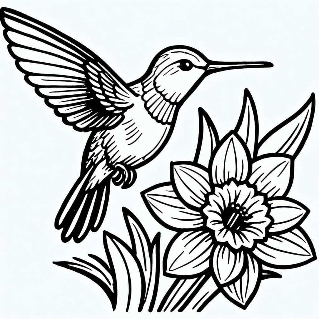 Colored Hummingbird Above Blooming Daffodil