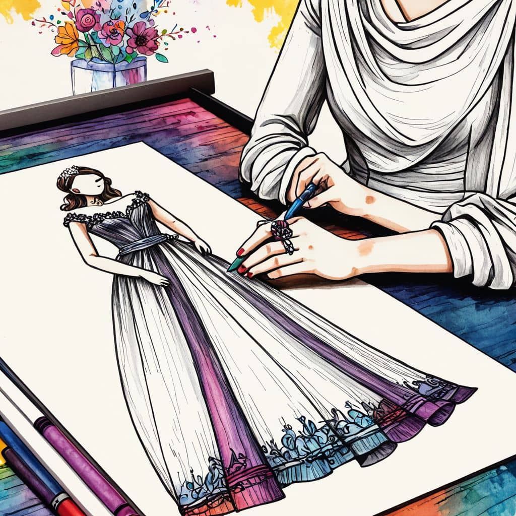 Colored Designer sketching wedding gown