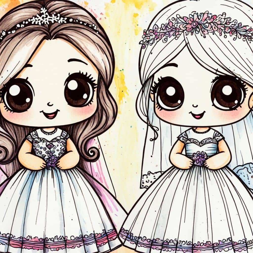 Colored Bridesmaid fixing bride's train