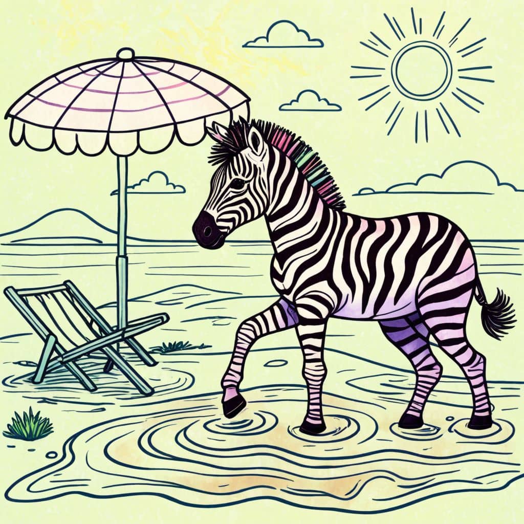 Colored Zebra enjoys summer beach