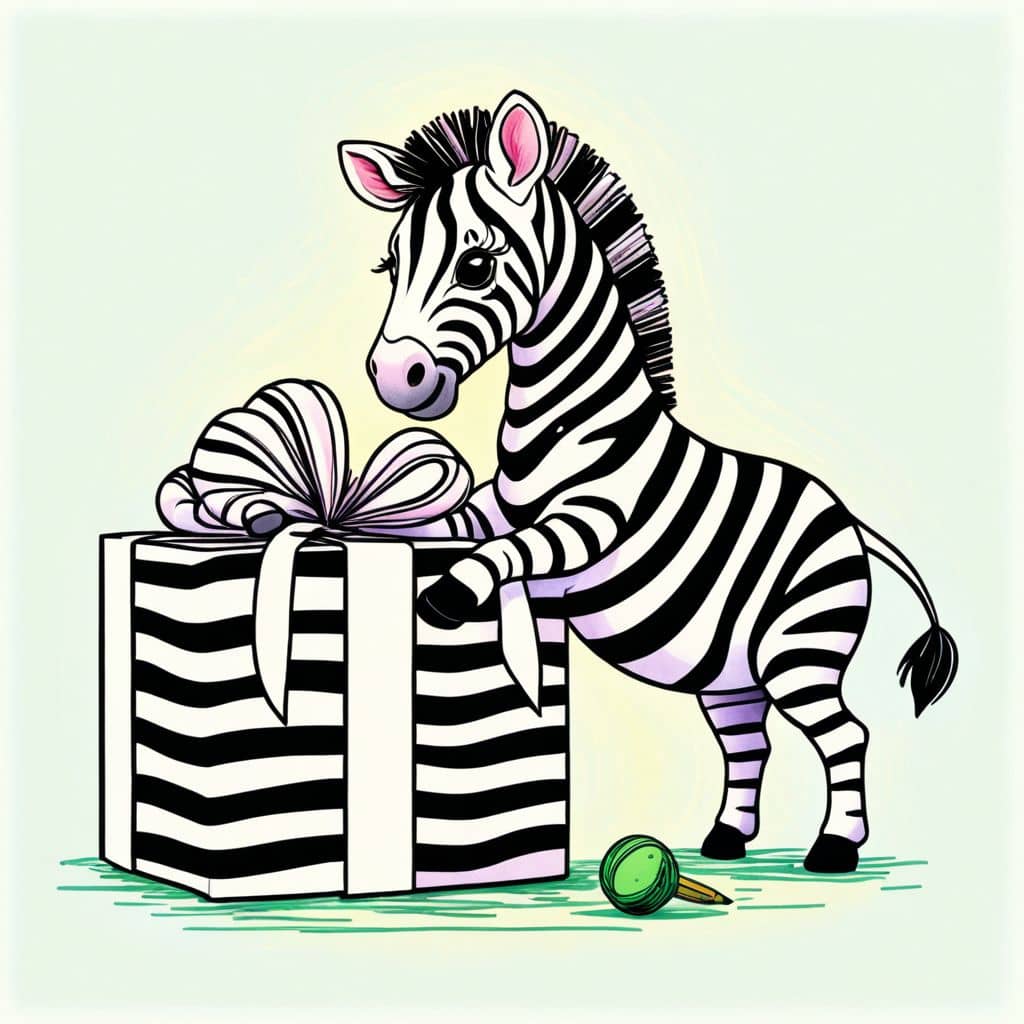 Colored Zebra unwrapping Christmas present