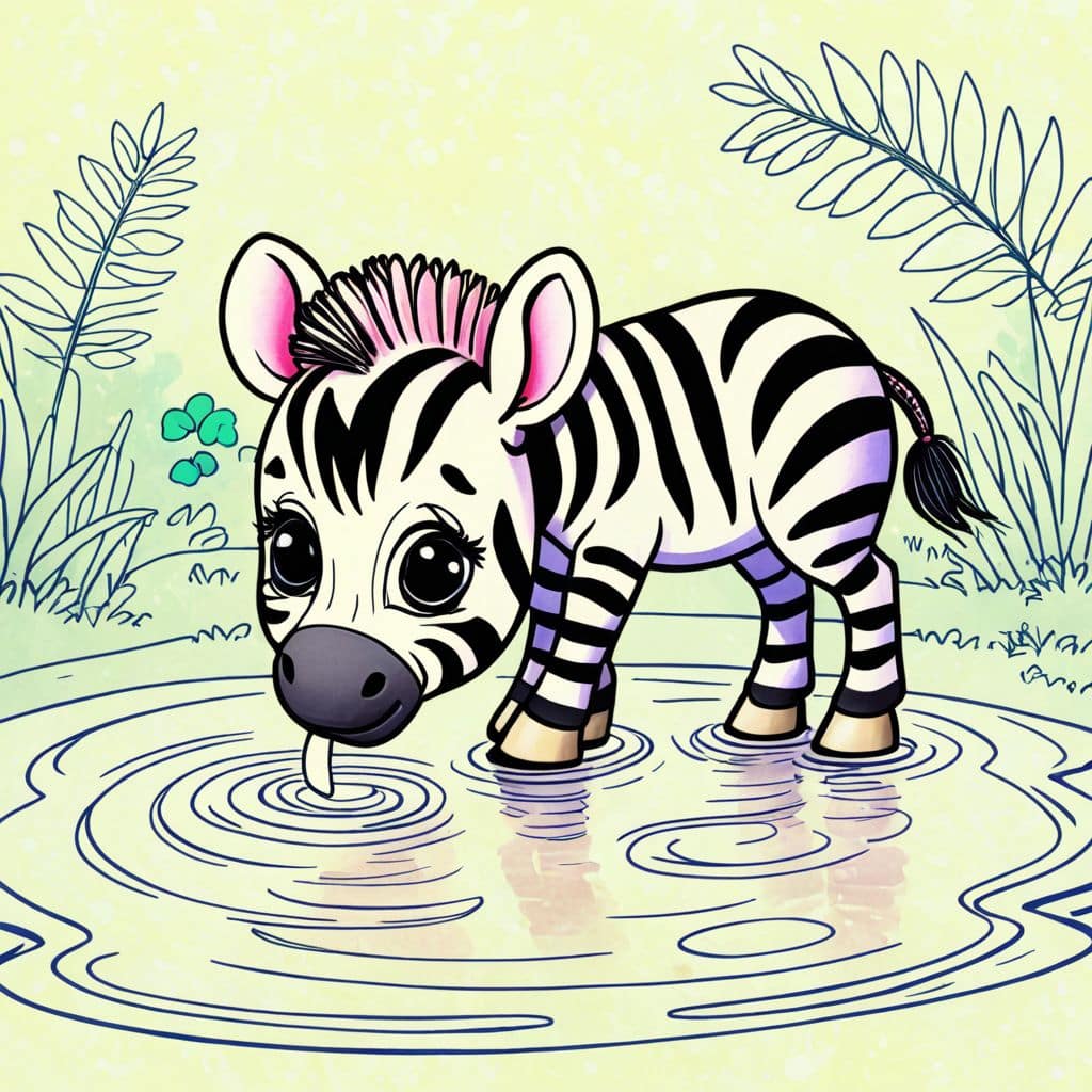 Colored Zebra sipping from clear pond