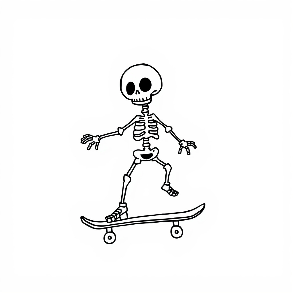 Skeleton riding a skateboard