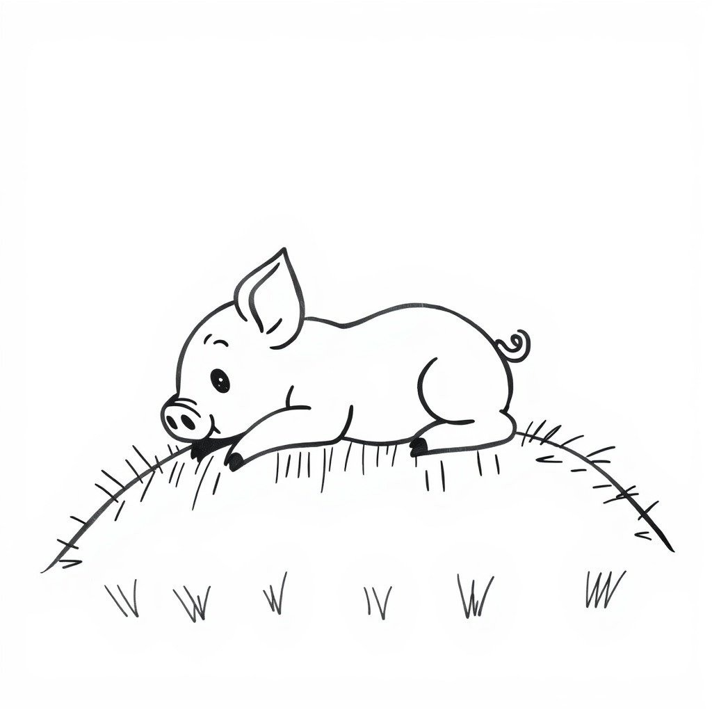 Piglet lying on a grassy hill