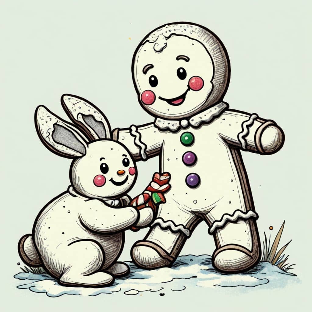 Colored Gingerbread Man from fairy tales brushing his rabbit