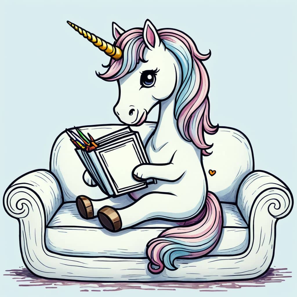 Colored Unicorn reading a book on a sofa
