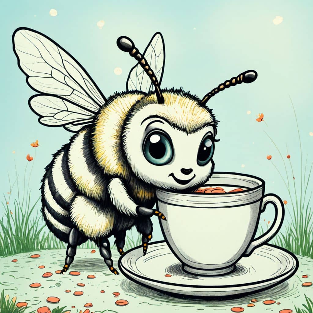Colored Bee drinking from a cup