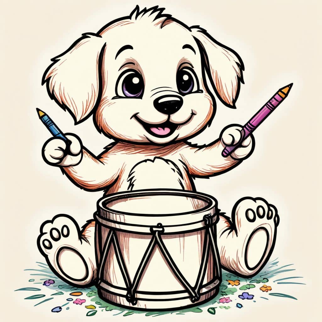 Colored Puppy drumming on a small drum