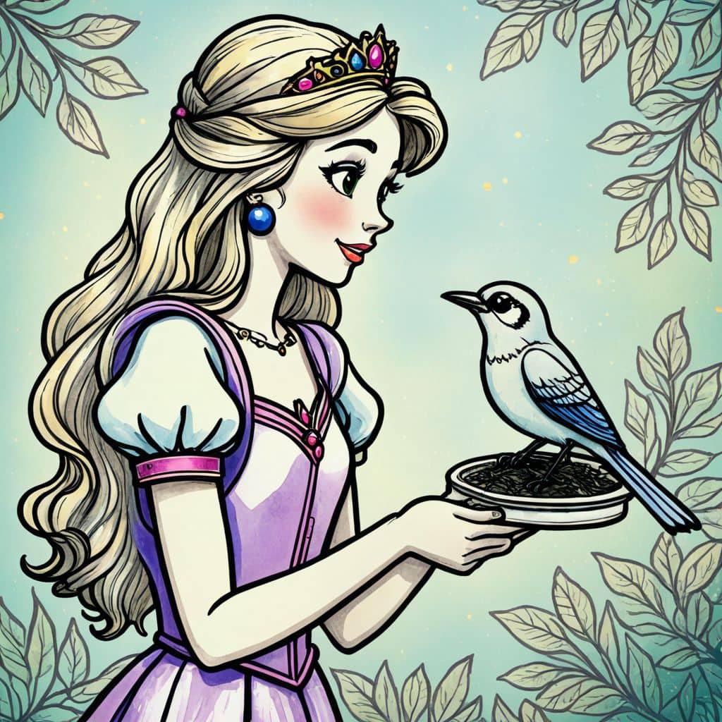 Colored Princess feeding birds with a small bird feeder