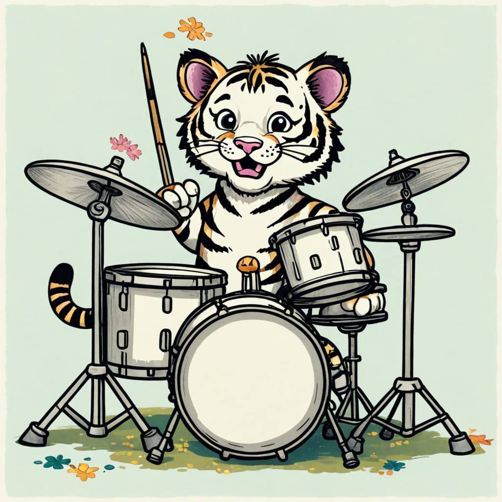 Colored Tiger hitting a drum set