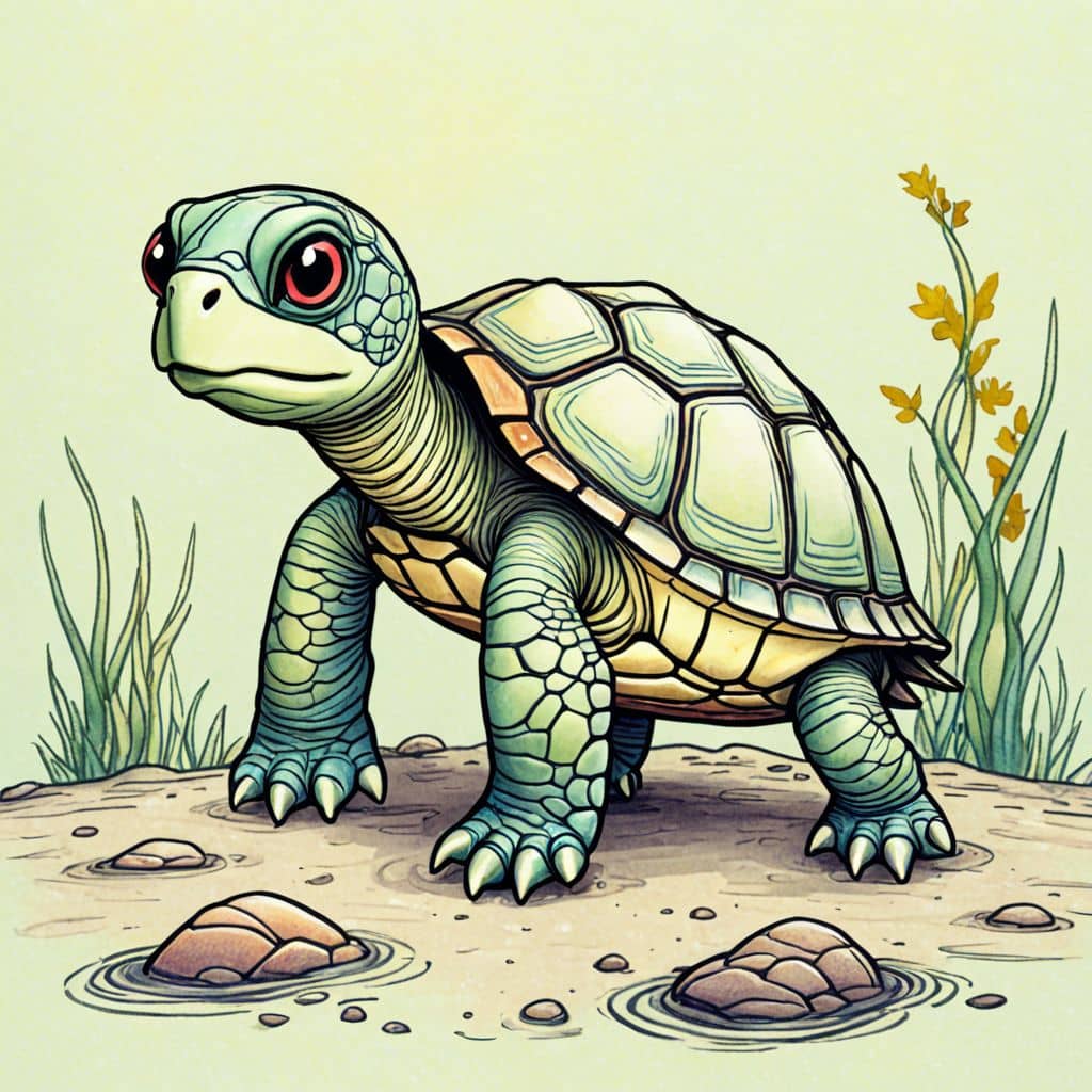 Colored Turtle finding a seashell