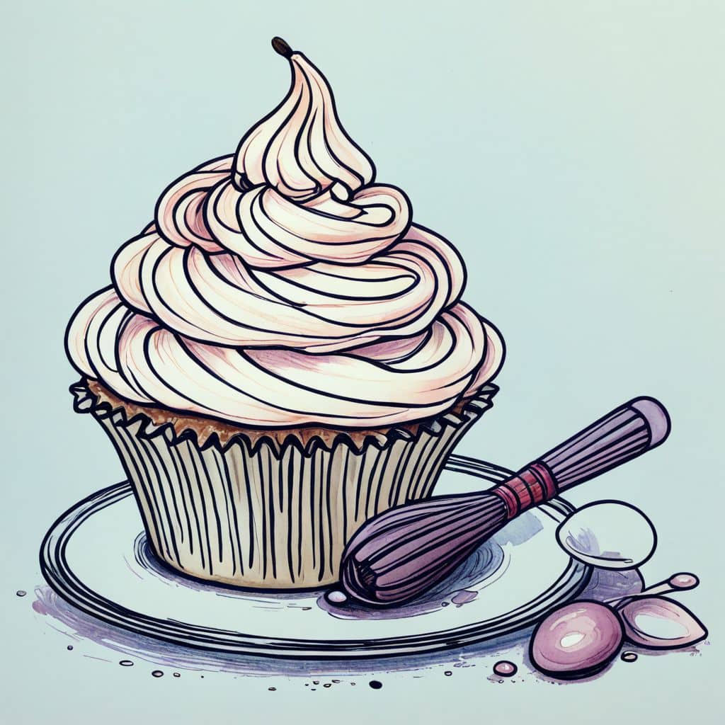 Colored Cupcake whisking eggs with metal whisk