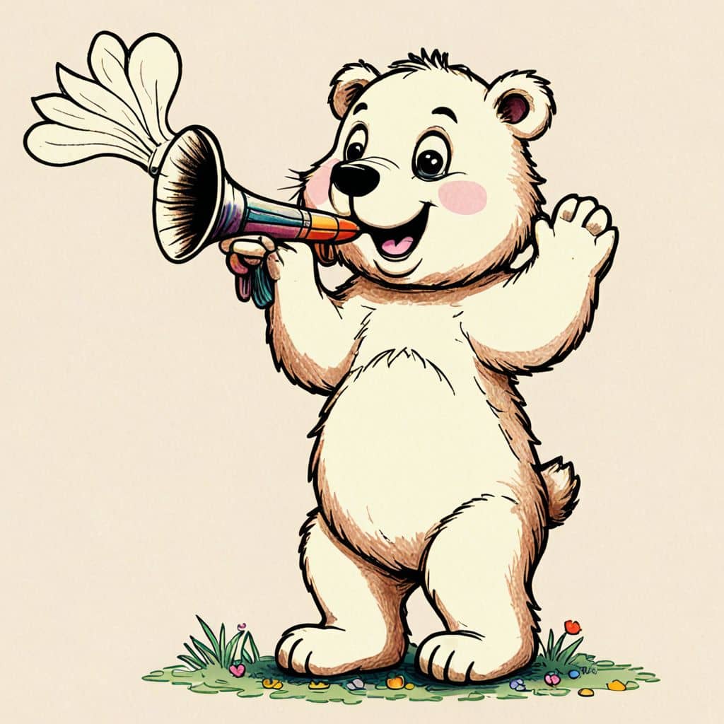 Colored Bear blowing into a trumpet
