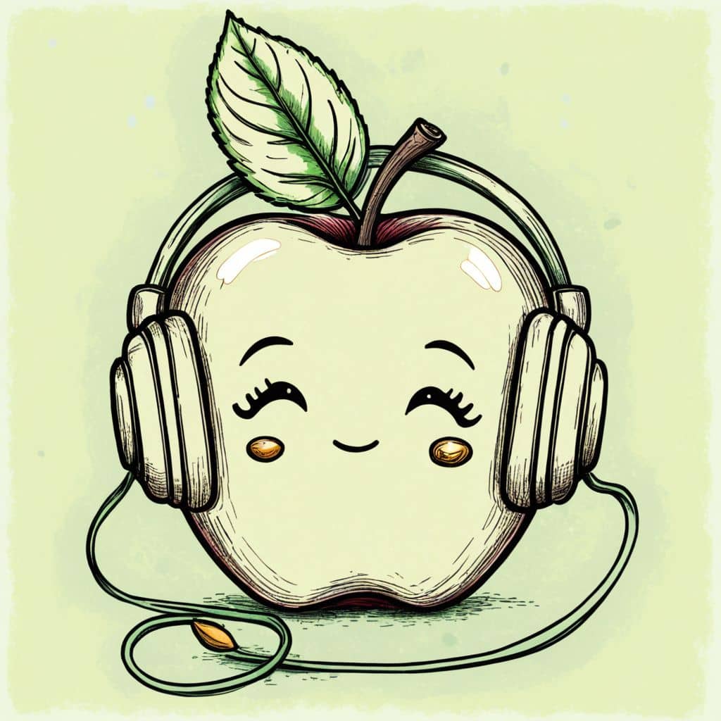 Colored Apple listening to music with headphones