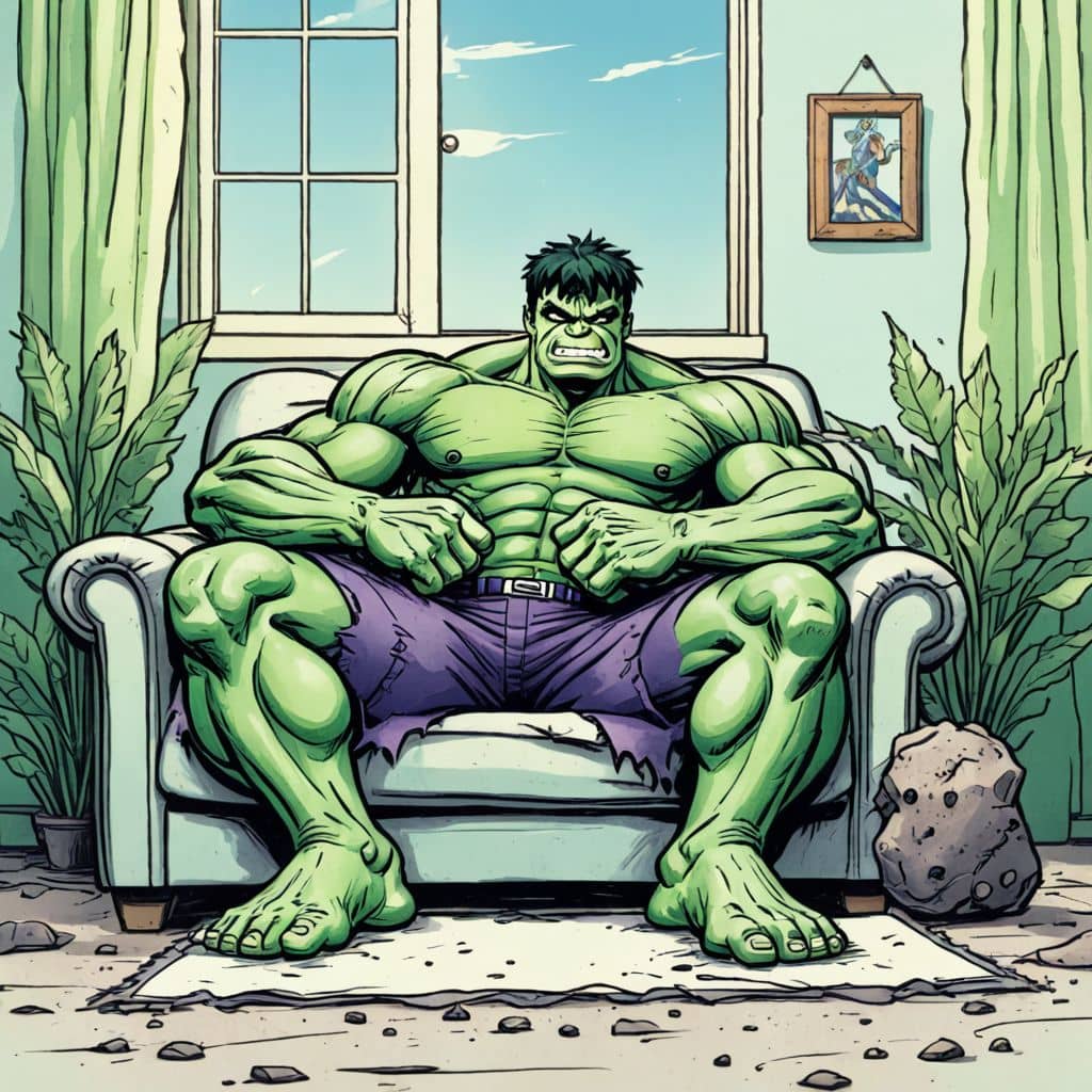 Colored Hulk - the superhero from Marvel Comics napping on a couch