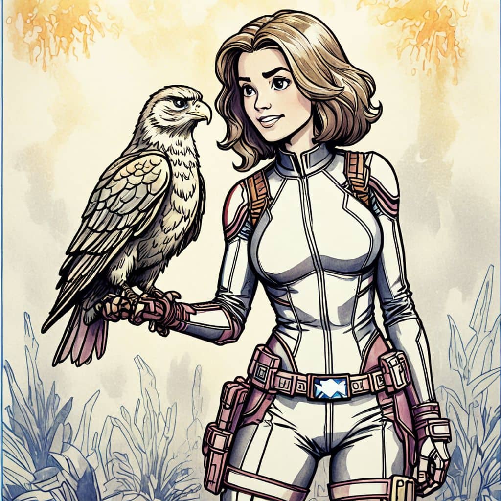 Colored Black Widow - the superheroine from Marvel Comics training her pet hawk