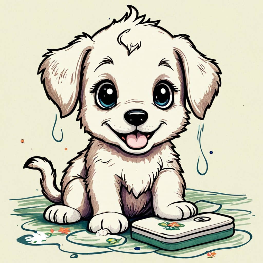 Colored Puppy soaping up with a sponge
