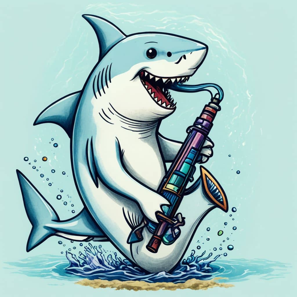 Colored Shark blowing into a saxophone