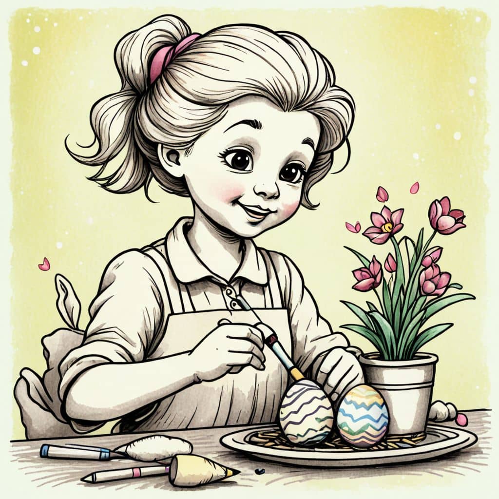 Colored Grandma drawing flowers on an egg