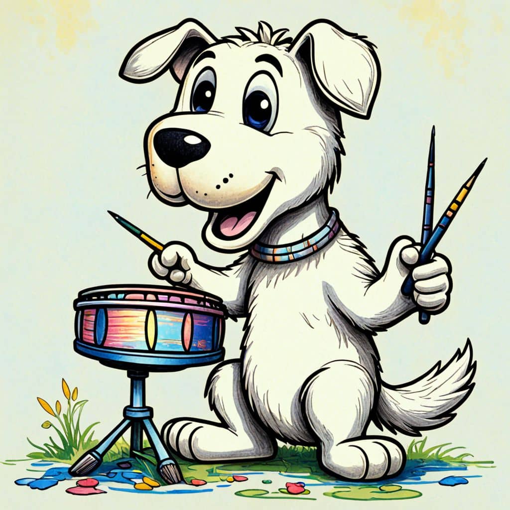 Colored Dog banging on a drum