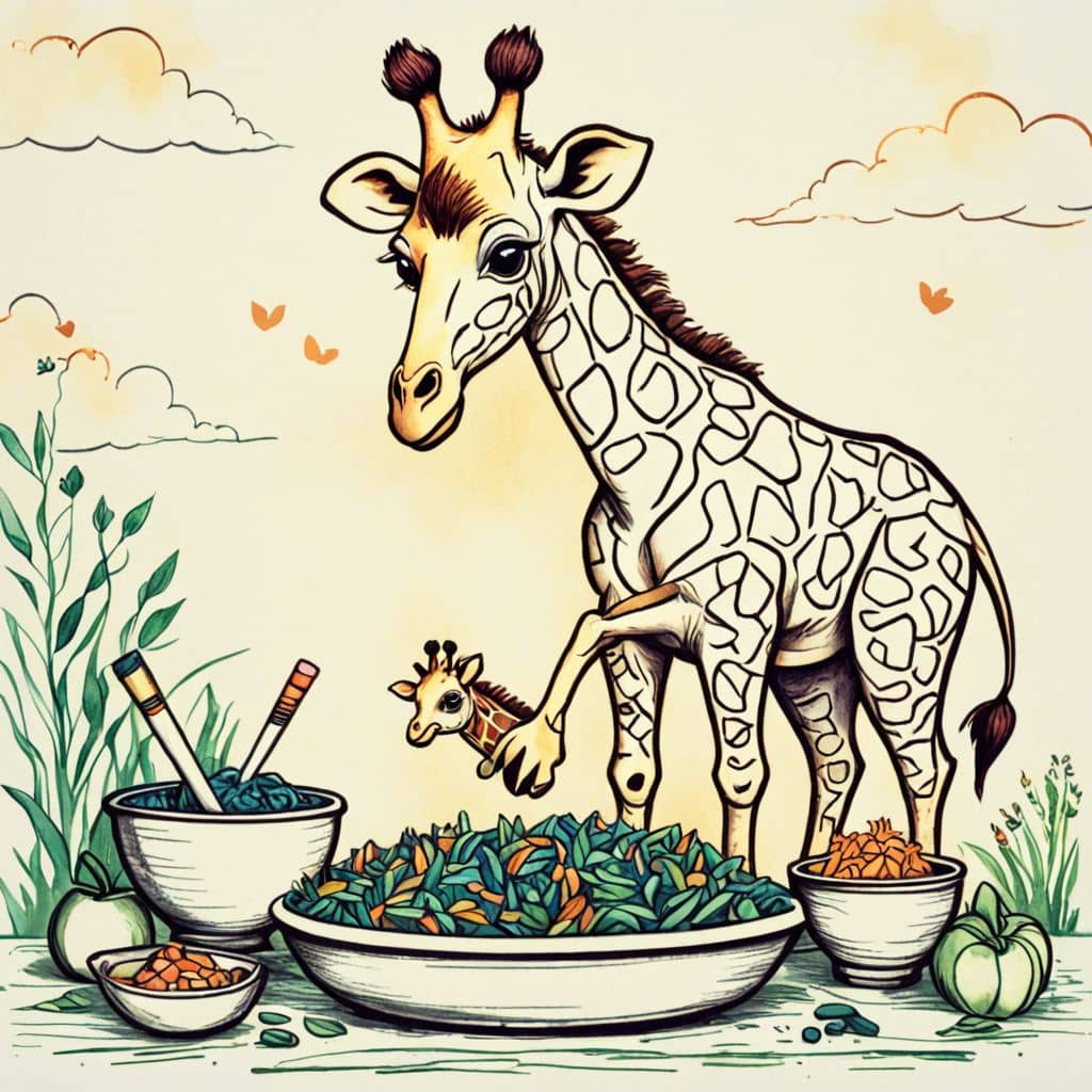 Colored Giraffe mixing a salad