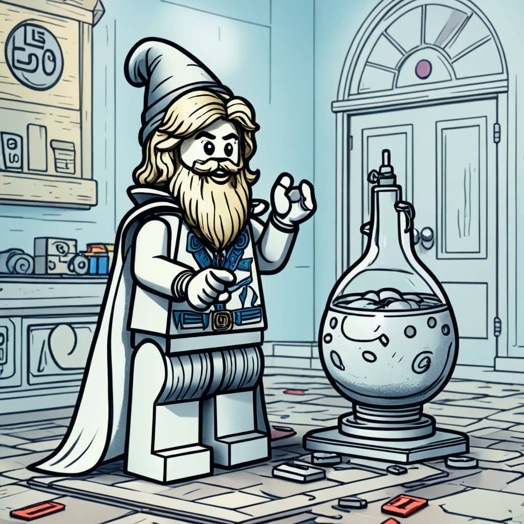 Colored Vitruvius - the wizard from The Lego Movie teaching a science experiment