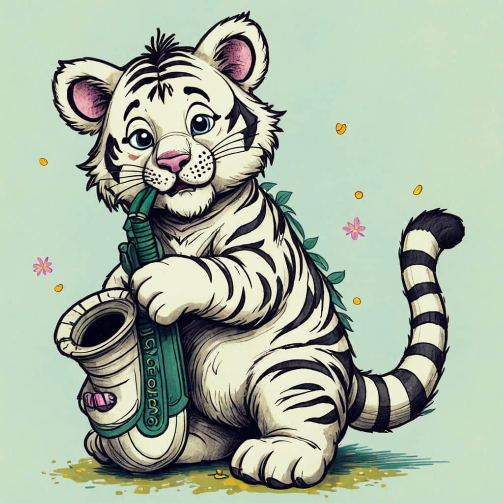 Colored Tiger playing a saxophone