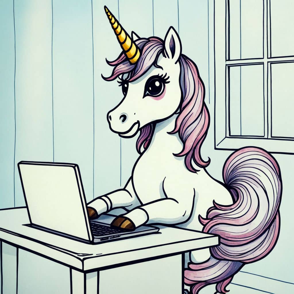 Colored Unicorn sitting at a desk with a laptop